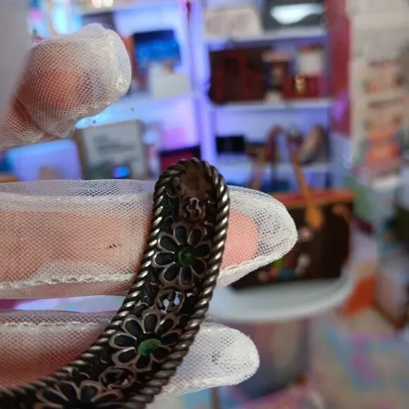 GUCCI Crystal Floral G Bangle 925 Silver Bracelet Green - Picture 12 of 14